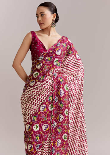 Wine And Off White Satin Saree With Ikat-Style Floral Birds Border