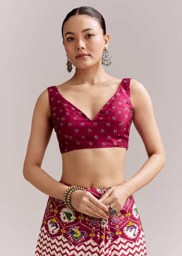 Wine And Off White Satin Saree With Ikat-Style Floral Birds Border