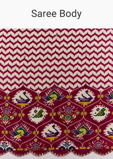 Wine And Off White Satin Saree With Ikat-Style Floral Birds Border