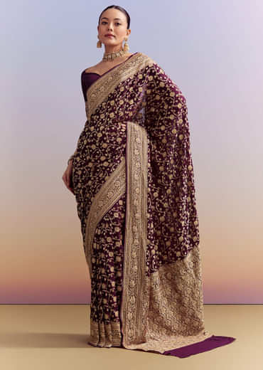 Wine Banarasi Silk Saree With Heavy Zari And Jaal Work