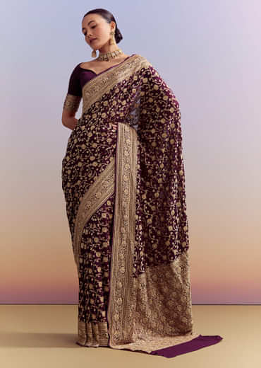 Wine Banarasi Silk Saree With Heavy Zari And Jaal Work
