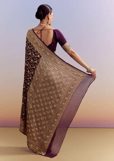 Wine Banarasi Silk Saree With Heavy Zari And Jaal Work