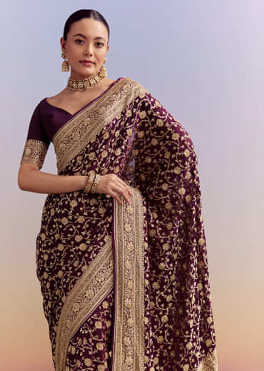 Wine Banarasi Silk Saree With Heavy Zari And Jaal Work