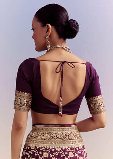 Wine Banarasi Silk Saree With Heavy Zari And Jaal Work