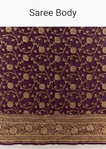 Wine Banarasi Silk Saree With Heavy Zari And Jaal Work