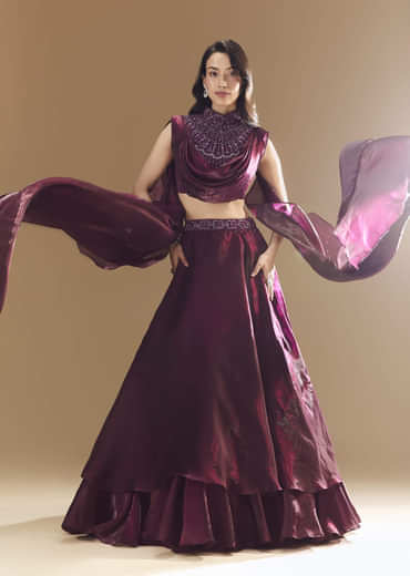 Wine Bridesmaid Organza Lehega with Cape