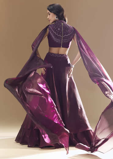 Wine Bridesmaid Organza Lehega with Cape