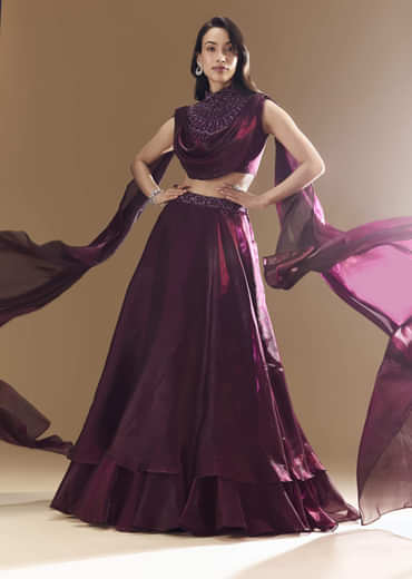 Wine Bridesmaid Organza Lehega with Cape