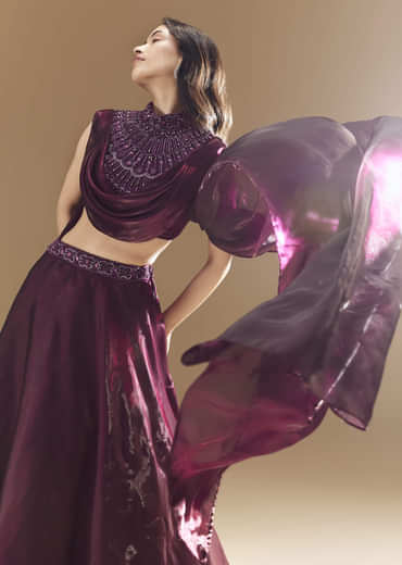 Wine Bridesmaid Organza Lehega with Cape