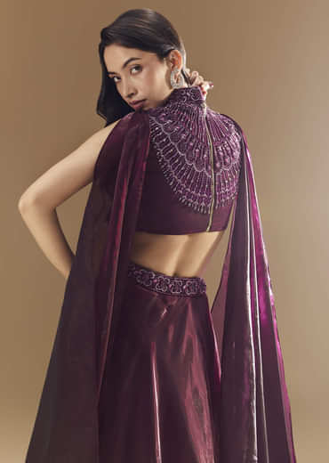 Wine Bridesmaid Organza Lehega with Cape