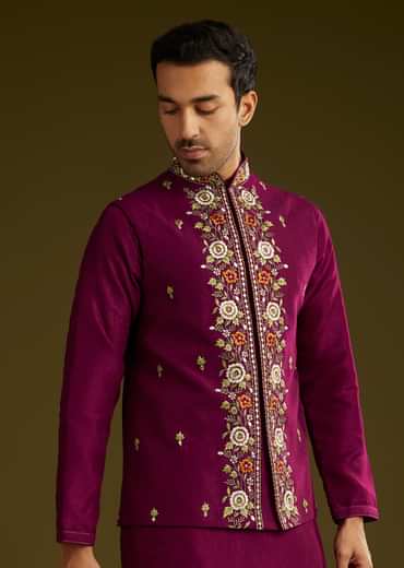 Wine Cotton Silk Kurta Set With Embroidered Lapel Jacket