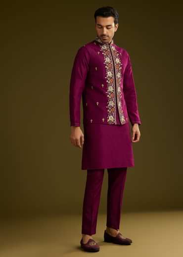 Wine Cotton Silk Kurta Set With Embroidered Lapel Jacket