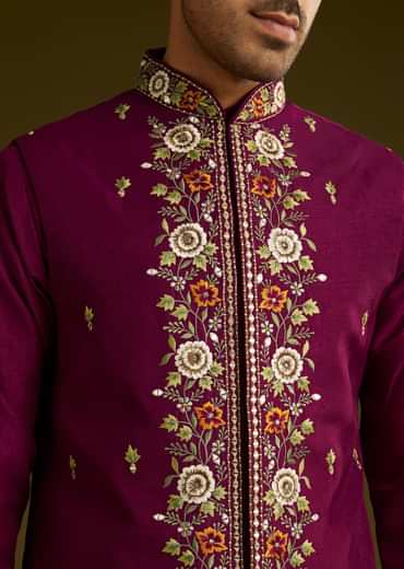 Wine Cotton Silk Kurta Set With Embroidered Lapel Jacket
