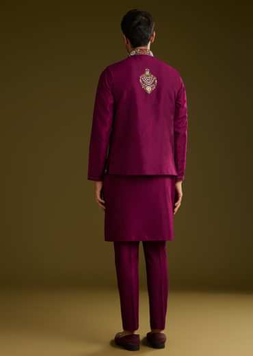 Wine Cotton Silk Kurta Set With Embroidered Lapel Jacket