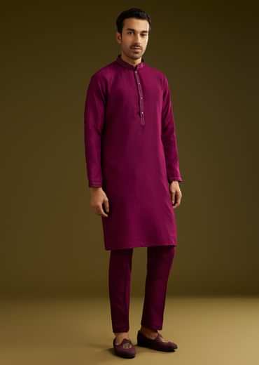 Wine Cotton Silk Kurta Set With Embroidered Lapel Jacket