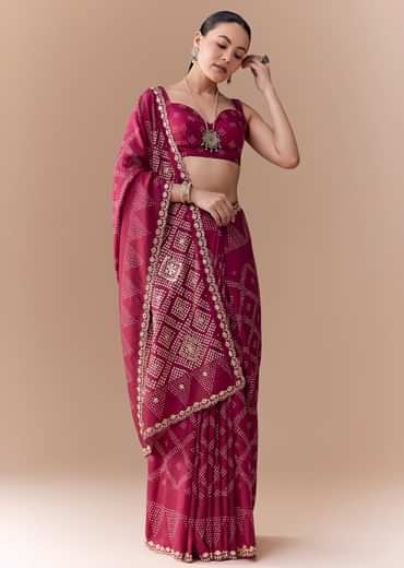 Wine Crepe Bandhani Print Saree with Blouse Fabric
