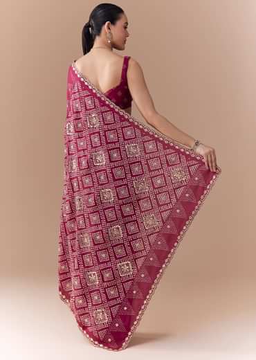 Wine Crepe Bandhani Print Saree with Blouse Fabric
