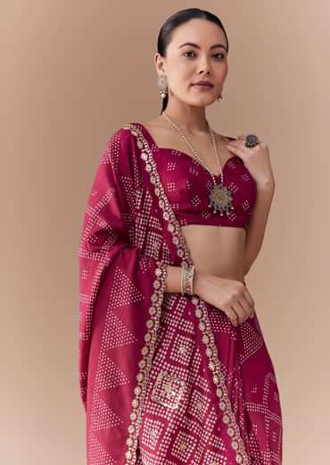Wine Crepe Bandhani Print Saree with Blouse Fabric