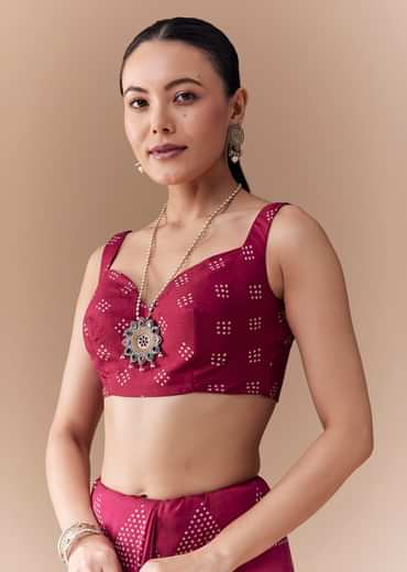 Wine Crepe Bandhani Print Saree with Blouse Fabric