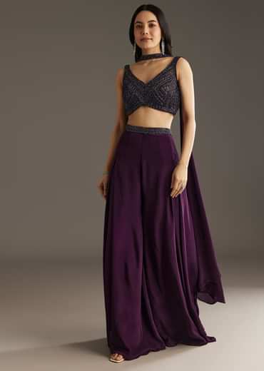 Wine Crepe Crop Top With Embroidered Palazzo And Choker Dupatta