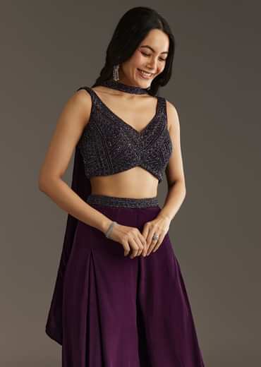 Wine Crepe Crop Top With Embroidered Palazzo And Choker Dupatta