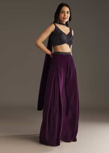Wine Crepe Crop Top With Embroidered Palazzo And Choker Dupatta
