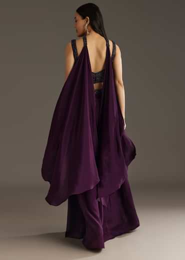 Wine Crepe Crop Top With Embroidered Palazzo And Choker Dupatta