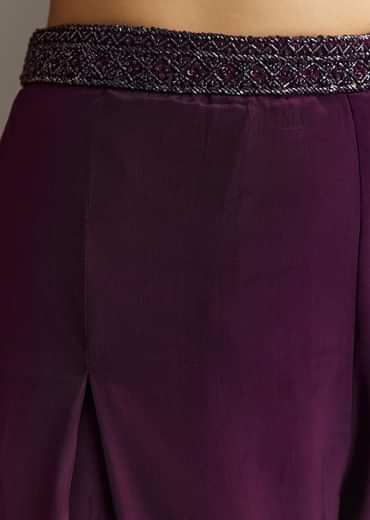 Wine Crepe Crop Top With Embroidered Palazzo And Choker Dupatta