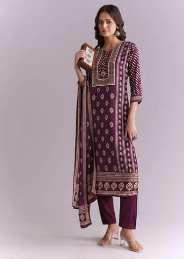 Wine Crepe Kurta Set With Indie Print And Moti Work