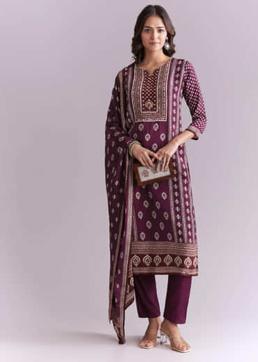 Wine Crepe Kurta Set With Indie Print And Moti Work