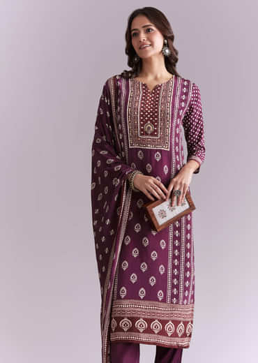 Wine Crepe Kurta Set With Indie Print And Moti Work