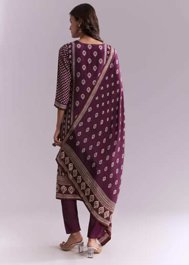 Wine Crepe Kurta Set With Indie Print And Moti Work