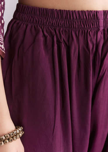 Wine Crepe Kurta Set With Indie Print And Moti Work