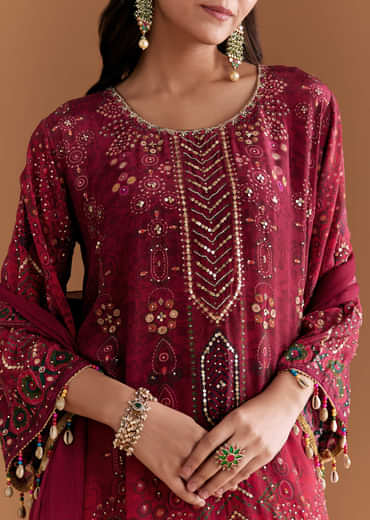 Wine Crepe Printed Kurta Set With Stone Work