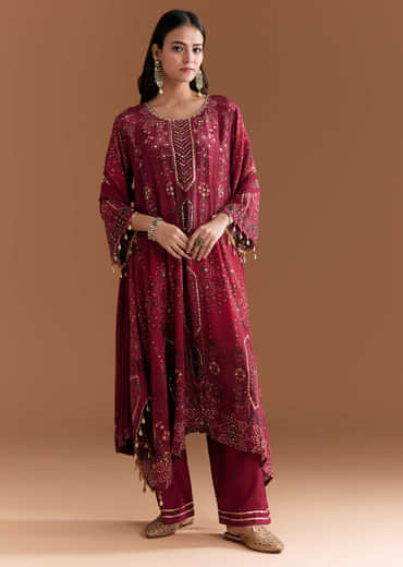 Wine Crepe Printed Kurta Set With Stone Work