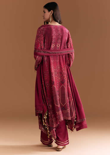 Wine Crepe Printed Kurta Set With Stone Work
