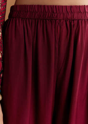 Wine Crepe Printed Kurta Set With Stone Work