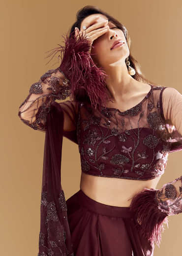 Wine Crop Top Skirt Set with Dupatta