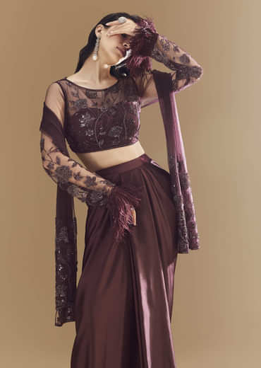 Wine Crop Top Skirt Set with Dupatta