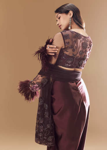 Wine Crop Top Skirt Set with Dupatta