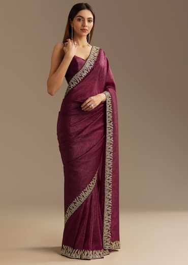 Wine Crushed Tissue Saree With Cutdana And Stone Embroidery