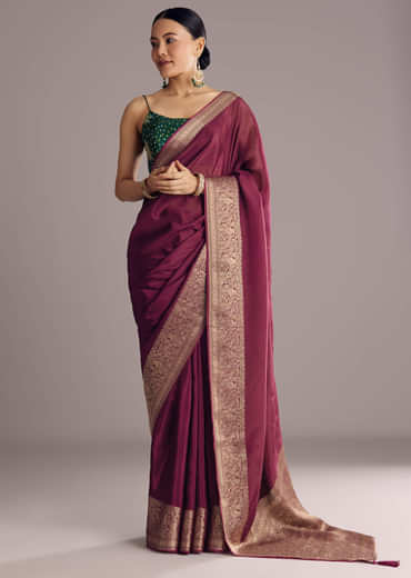 Wine Dola Silk Saree With Woven Border And Pallu