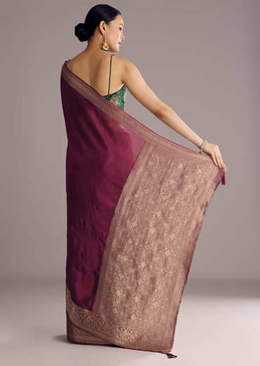 Wine Dola Silk Saree With Woven Border And Pallu