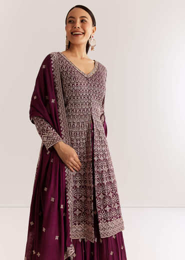 Wine Georgette Kurta Set With Zari And Resham Work