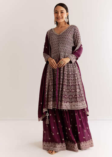 Wine Georgette Kurta Set With Zari And Resham Work
