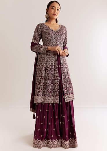 Wine Georgette Kurta Set With Zari And Resham Work