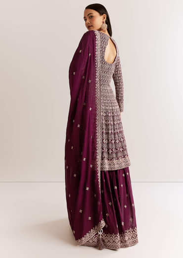 Wine Georgette Kurta Set With Zari And Resham Work