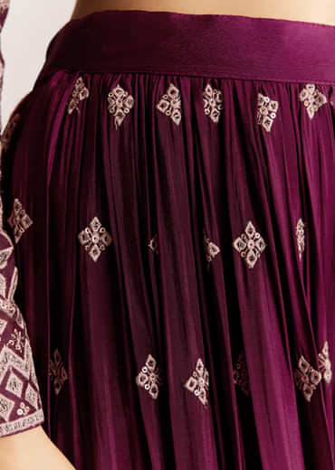 Wine Georgette Kurta Set With Zari And Resham Work