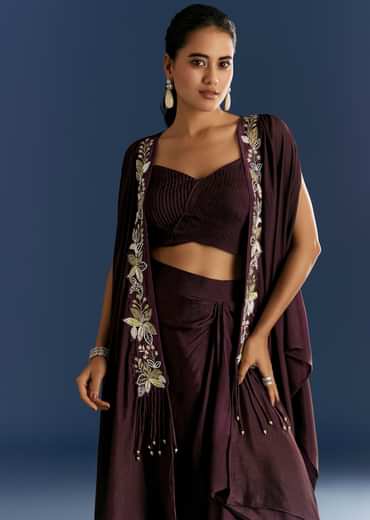 Wine Georgette Pintuck Croptop And Fancy Skirt With Embroidered Cape