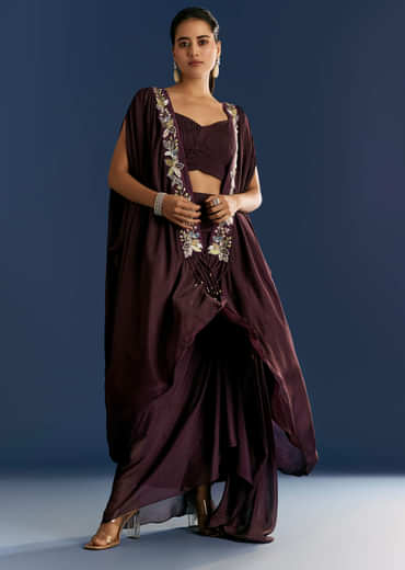 Wine Georgette Pintuck Croptop And Fancy Skirt With Embroidered Cape